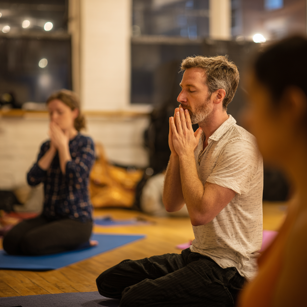 Інструктор демонструє техніку дихання пранаяма учням в студії