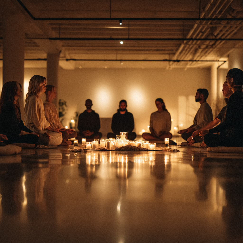 Група людей медитує в тишині студії йоги з запаленими свічками